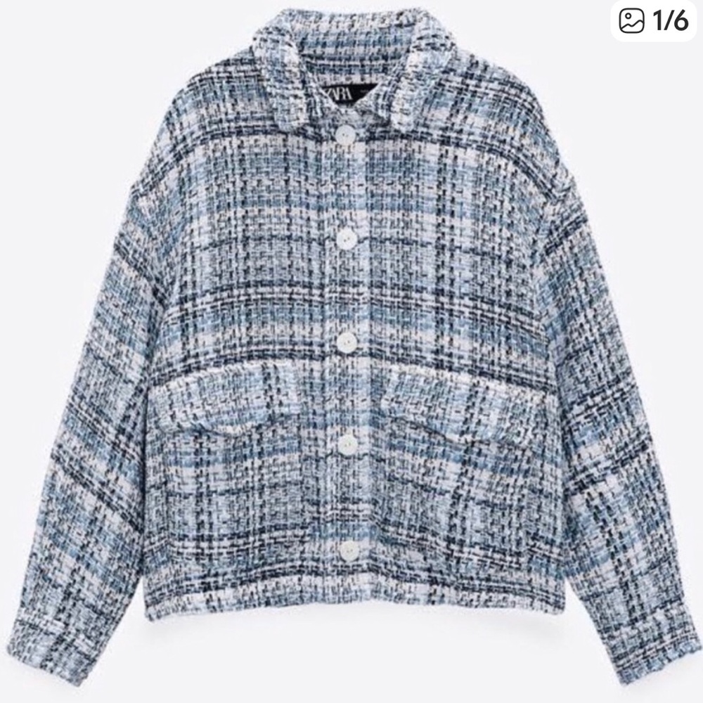 Zara cropped Black, Blue and White tweed Jacket made From Italian fabric